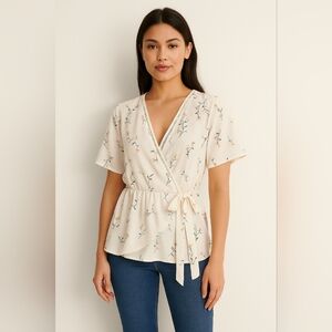 Floral Wrap Peplum Blouse – Soft White with Pastel Blooms